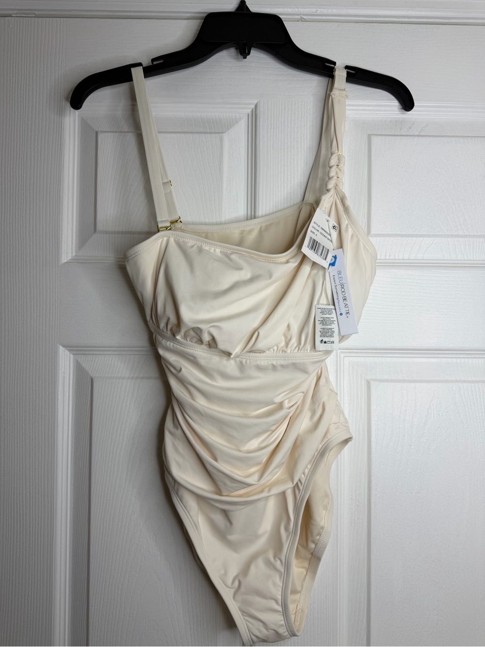 NWT Bleu Rod Beattie One Shoulder Ruched One Piece Swimsuit Size 8 Ivory/Coconut - Picture 2 of 5